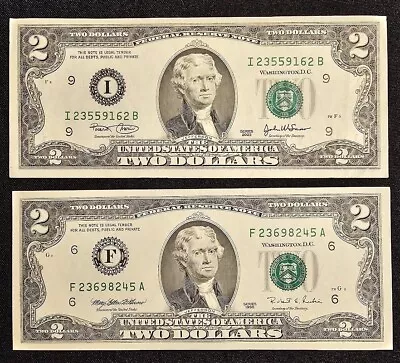Lot Of 2- 1995 & 2003 Two Dollar Notes $2 Bills - Crisp! • $5.99
