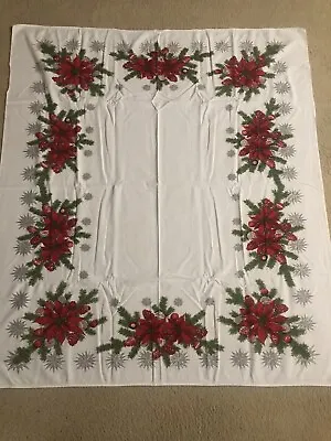VTG 51 X 57 Cotton CHRISTMAS Tablecloth Poinsettia Tree Boughs Red/Green/Silver • $12.99