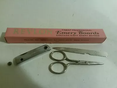 Revlon Vintage Emery Boards Triple Cut Nail File Trim Trio Cuticle Scissors  • $15.80