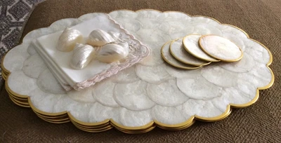 $16 • Buy Vintage Mother Of Pearl Capiz Shell Placemat Coaster Embroidered Napkin Set Of 4