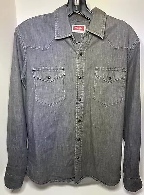 Wrangler Mens Small Western Denim Pearl Snap Black Snaps Long Sleeve Shirt • $9.99