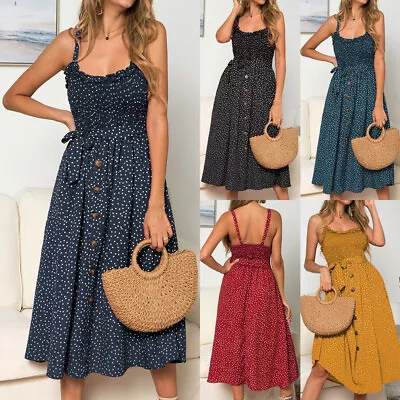 £8.99 • Buy Polka Dot Ladies Buttons Swing Summer Strappy Ruffles Sleeveless Womens Dress