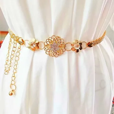 Ladies Crystal Flower Metal Belt Stretch Elastic Skinny Women Dress Waistband • £4.19