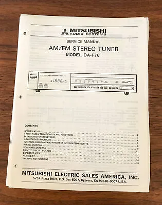 Mitsubishi DA-F76 Tuner Service Manual *Original* • $19.89