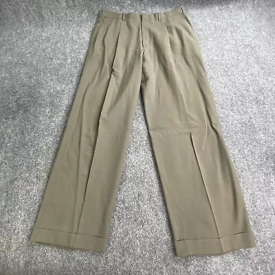 Vtg Dress Pants Mens 34x30 Olive Gray Pleated Suspender Buttons Cuffs USA • $16.99