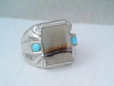 ANTIQUE CLARK & COOMBS STERLING SILVER MENS MOSS AGATE TURQUOISE RING Sz 9 1/2 • $185