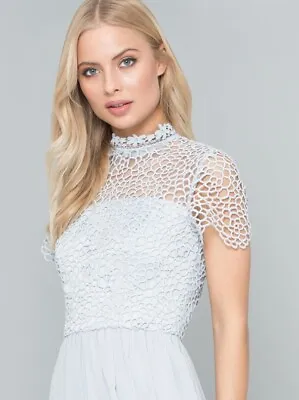 Chi Chi London Crochet Lace High Neck Midi Dress UK10 Blue Grey Prom Wedding • £19.99