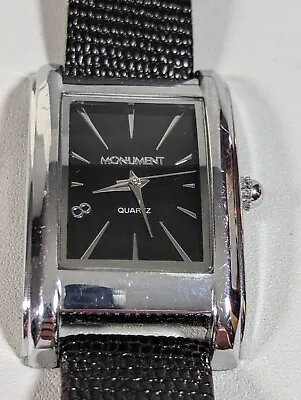 Monument Black Dial Silver Tone Rectangle Case Leather Band Watch • $17.49