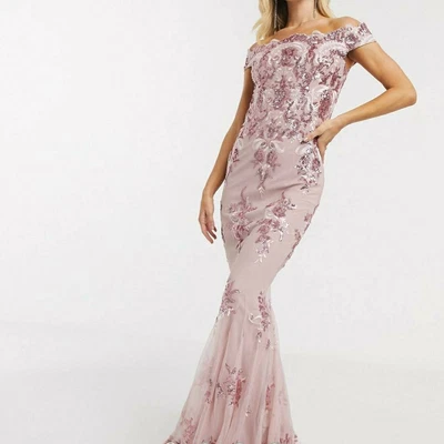 £28.50 • Buy Goddiva Off-Shoulder Embellished Sequin Dress In Rose Gold UK 12 - Brand New