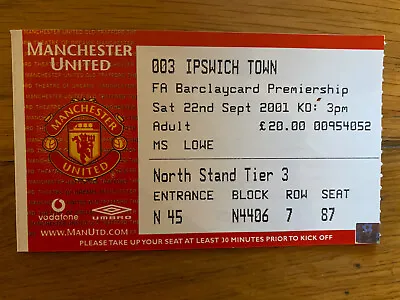 Manchester Utd V Ipswich Town Ticket 22/09/2001 • £2.99