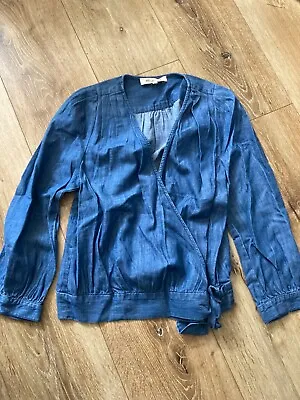 Madewell Womens Pintuck Denim Chambray Blue Wrap Long Sleeve Blouse Size XS • $9.99