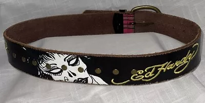 VTG Ed Hardy Leather Belt Yellow Spellout Gothic Skulls Voodoo Woman Size M • $54.95