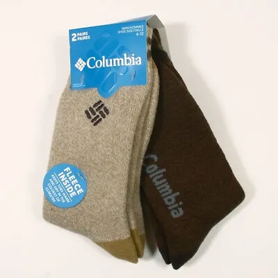 Columbia Men's 2 PAIRS Fleece Lined Crew Socks Brown Khaki Shoe Size 6-12 • $15.99