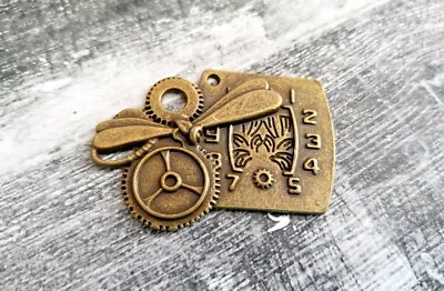 Steampunk Clock Pendant Dragonfly Gears Charm Antiqued Bronze Jewelry Supplies • $4.19