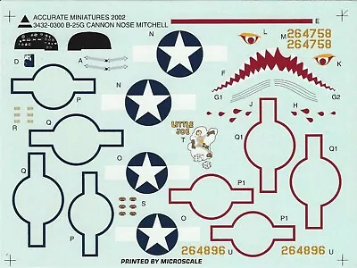 Accurate Miniatures 1/48th Scale B-25G Mitchell Decals From Kit No. 3432-0300 • $16.99