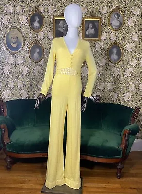 1970s Butter Yellow Chenille  Disco Jumpsuit • $230