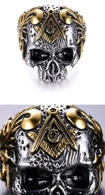 Mens Masonic Skull Ring Biker Jewelry Silver Gold Stainless Steel Rocker Band • $12