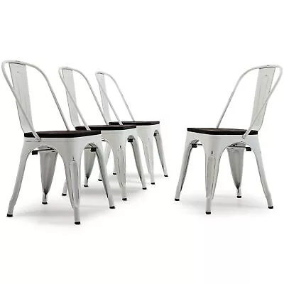 Metal Style Set Of 4 Wood Seat Cafe Dining Chairs Stool Stackable Antique White • $169.95