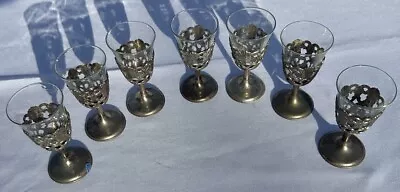 Set Of 7 Vintage ORNATE Shot Glasses/Egg Holders Removable Glass Metal Goblet • $29.99