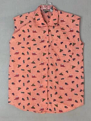 Vintage Gitano Women Shirt Size M Coral Sleeveless Collared Fun Vehicle Pattern  • $12.80