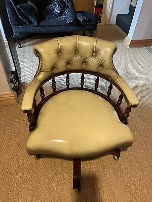 Olive Green Leather Button Back Chesterfield Captains Swivel Chair • £150