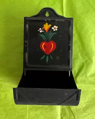 Vintage Tin Metal Black Match Box Holder Wall Mount With Heart & Flowers. • $10