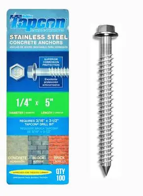 Tapcon 1/4  X 5  Stainless Steel Hex Head Concrete Anchor Screws 3460907 | 100 P • £192.84