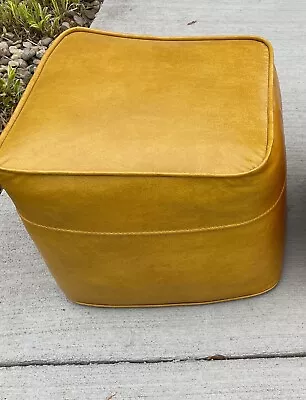 Vintage MCM Yellow Gold Square Vinyl Faux Leather Ottoman Foot Stool 1960s • $114.99