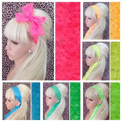 NEW BRIGHT NEON FLORAL LACE FABRIC SELF TIE BOW HAIR SCARF HEAD BAND 1980s RETRO • £4.49