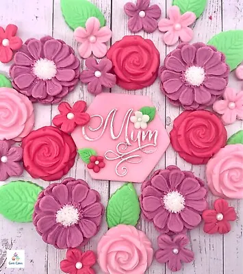 35 Pink Edible Mum Flower Leaves Plaque Fondant Cake Topper Birthday Mothers Day • £7.99