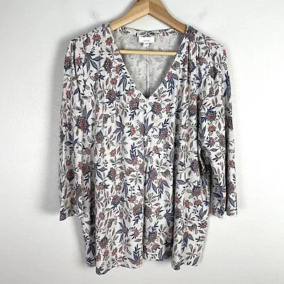 Pure J Jill Womens Large Floral Tunic Top 3/4 Sleeve Shirt Cotton Blend V Neck • $24.99