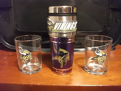 Minnesota Vikings 16oz Stainless Steel Travel Mug And Two 12oz Glasses Embossed • $19.99