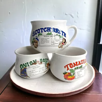 Set Of 3 Vintage Recipe Soup Bowls Mugs Cups W Handles Tomato Onion Scotch Broth • $24.99