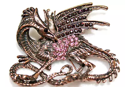 Pink And Purple DRAGON Sparkling Crystal Brooch Pin Bronze Tone • $11.95