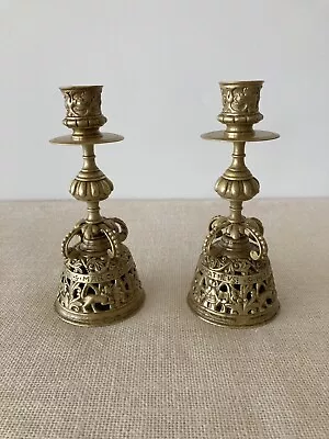 Antique 19th Century Gothic Brass Church Altar Candlesticks Evangelist Bell Base • $225