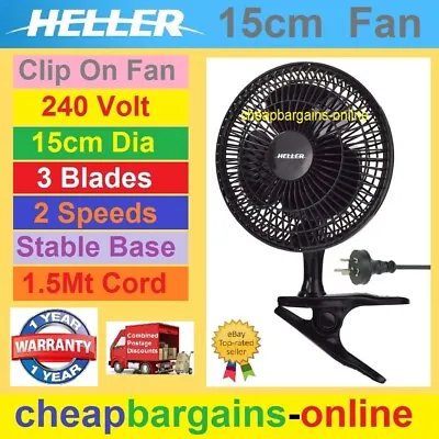 15cm DESK FAN CLAMP ON PORTABLE FAN 240V BLACK CLIP ON FAN 2 SPEED 1.5 Mt CORD  • $15.99