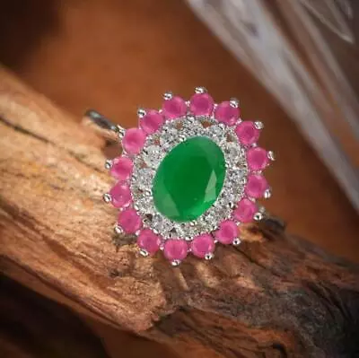 Holiday Gift Flower Shape Green Quartz Red Kunzite Gems Silver Ring Us Size 6-10 • $7.79