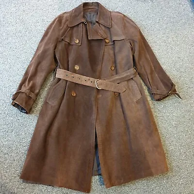 Vintage BROWN SUEDE Ladies 40 LEATHER COAT Mac Belted Double Breasted SWEDEN • $69.48