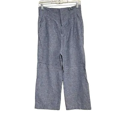 H&M Linen Blend Cropped Wide Leg Pants Blue Paper Bag Waist Womens 4 • $5