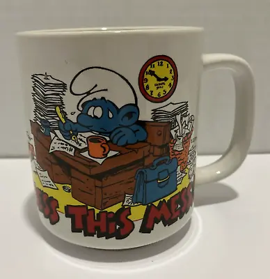 Vintage Smurf Coffee Mug Cup Bless This Mess Work Job Stress 1981 Wallace Berrie • $14.95