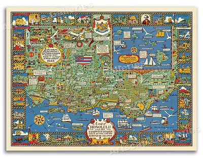 1927 Vintage Map Of Oahu Hawaii And Honolulu - 20x28 • $16.95