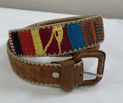 Vintage Serape Belt Fabric Leather Size 30 Mens Colorful Guatemala Aztec Native • $14.99