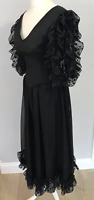 Size 12 True Vintage Vera Mont Designer Dress Black 80s Frills New Romantic • £145