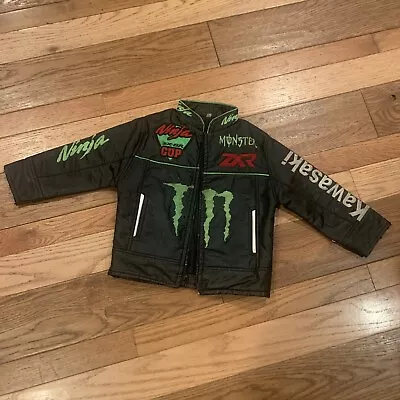 Ninja Monster Kawasaki Leather Racing Jacket Child Size 4 Embroidered Black • $88