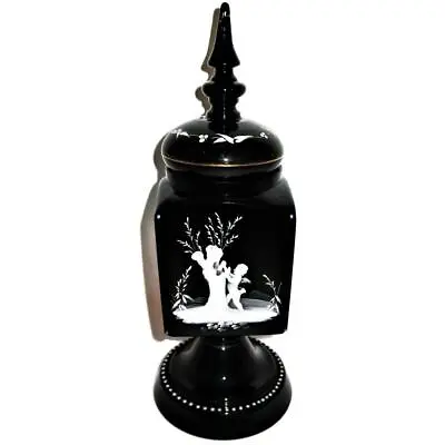 Antique Art Glass MARY GREGORY Black Pedestal Square Urn Hand Painted 15.5  • $359.99