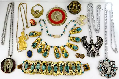 Vintage Egyptian Revival Jewelry Lot Scarab Eagle Pharaoh Nefertiti Necklace++ • $9.99