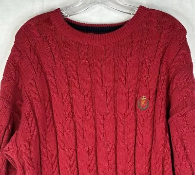 Vintage Chaps Ralph Lauren Sweater Mens L Red Cable Knit Embroidered Crest Logo • $26.10