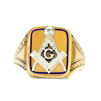 Freemason Ring | 14K Yellow Enamel Diamond • $650