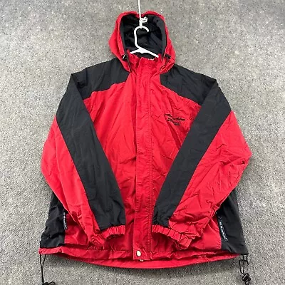 Tri Mountain Jacket Mens M Red Black Parka Rain Coat Hooded Nylon Mesh Lined • $4.95