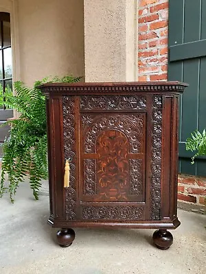 Antique English Carved Oak Corner Cabinet Marquetry Side Table 19th Century • $1825